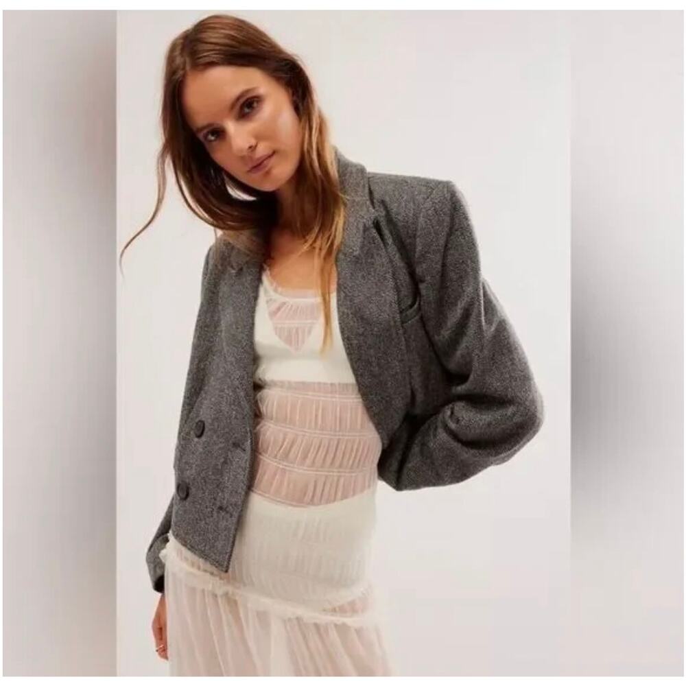 Free People Tailored Heritage Blazer in Grey Combo Cropped Crop Size XL Wool